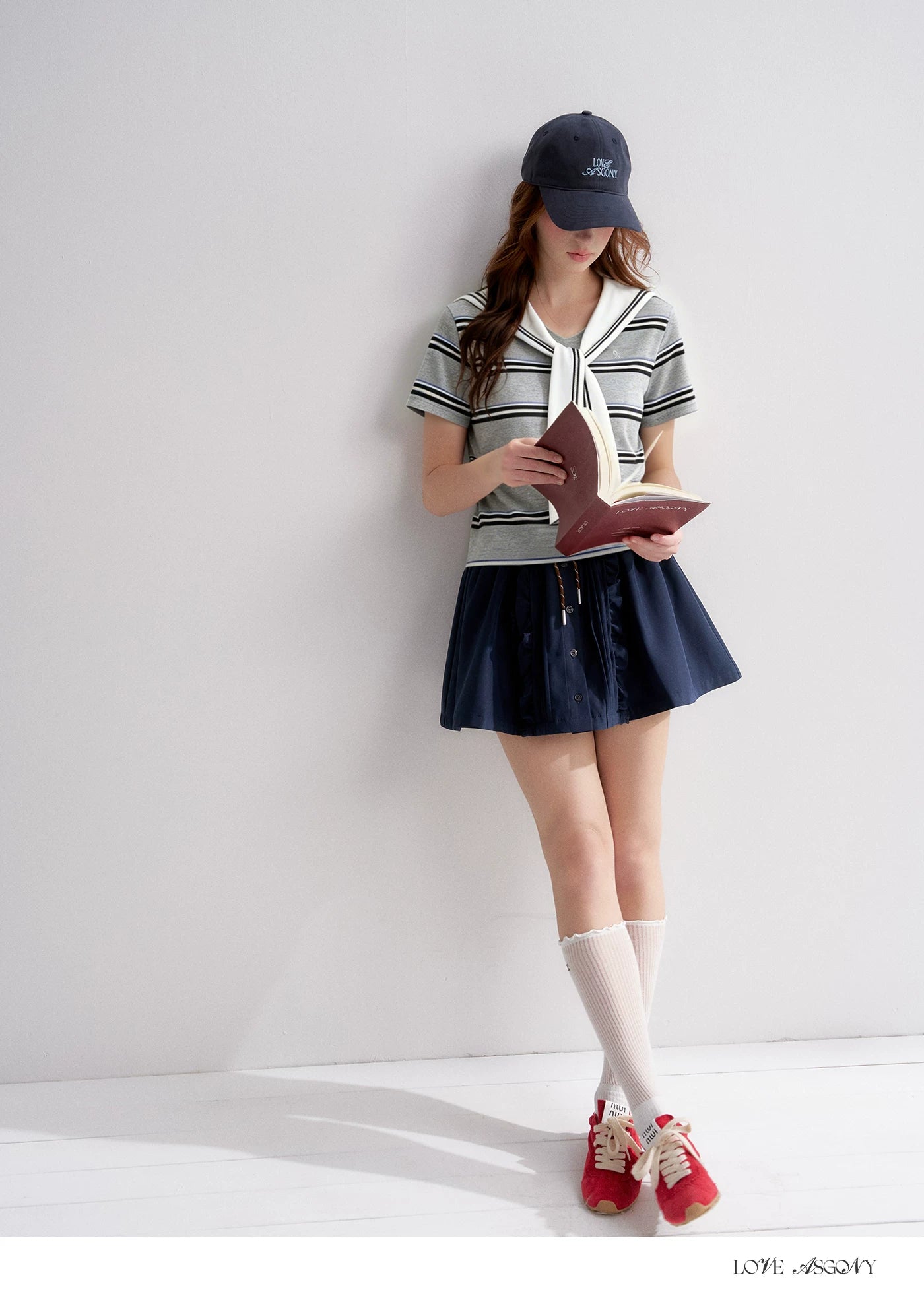 Navy Sailor Collar Tie-Striped Short T-shirt