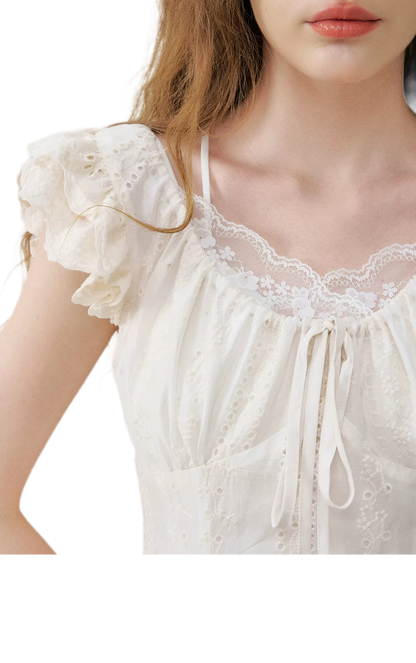 Embroidered Flutter Sleeve Dress