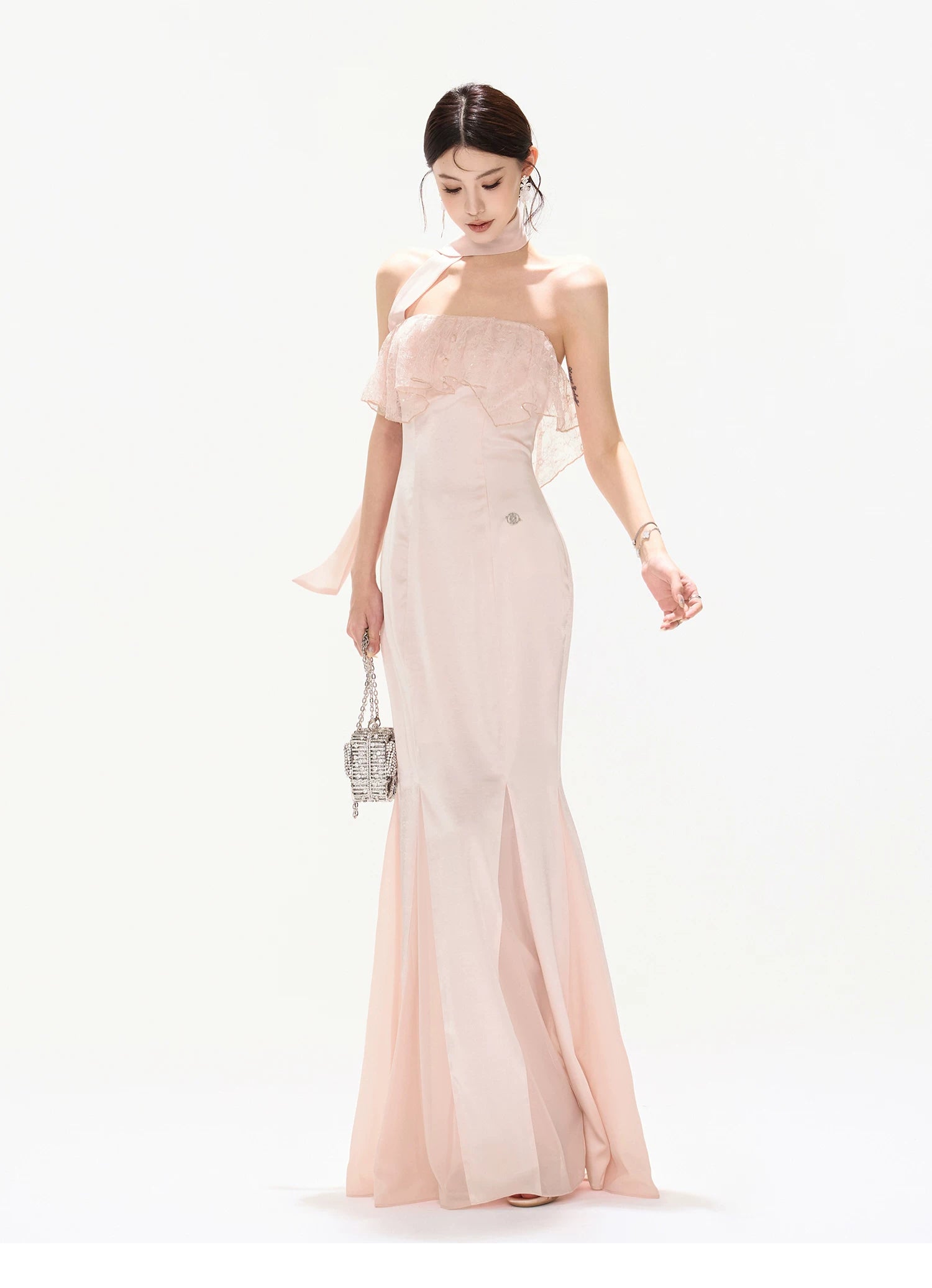 Champagne Pink Lace Fishtail Strapless Long Dress
