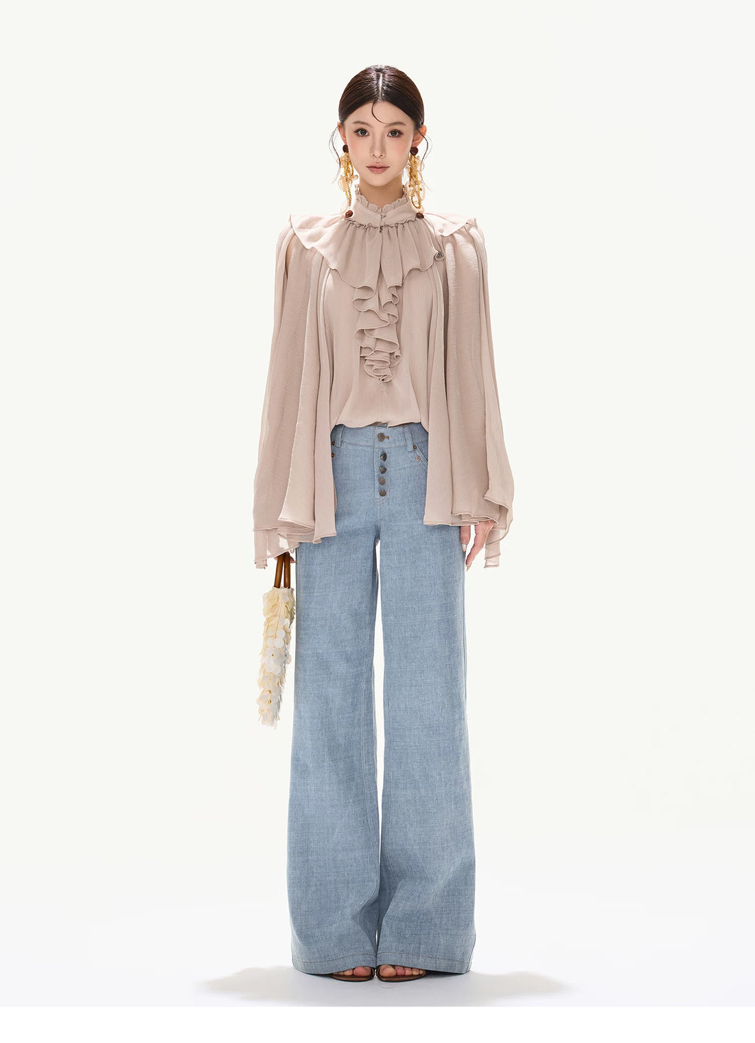 90s Vintage Washed Metal Button Wide-Leg Denim Pants