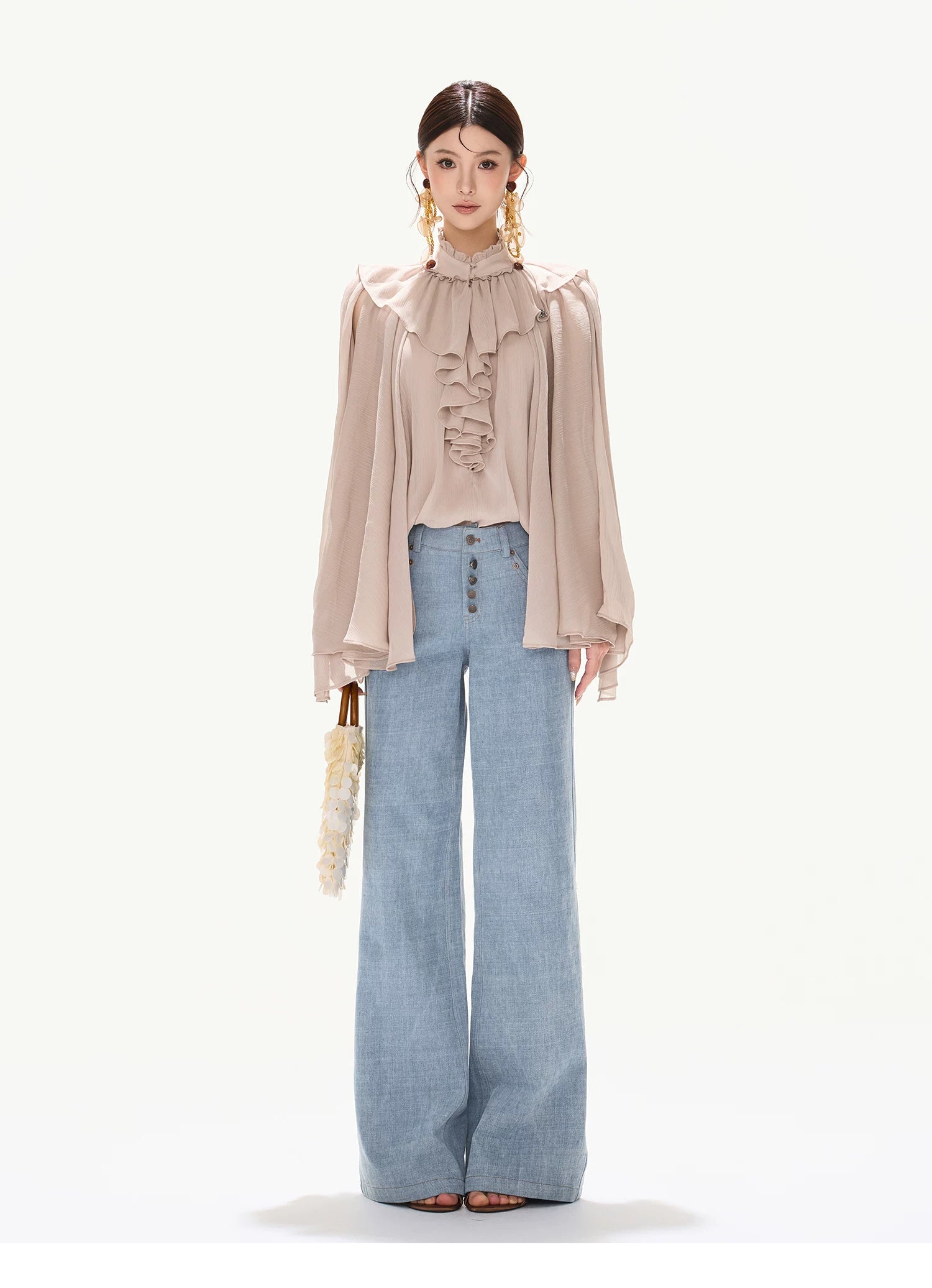 90s Vintage Washed Metal Button Wide-Leg Denim Pants