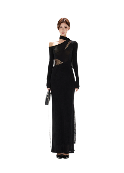 Schimmerndes asymmetrisches Spitzen-Strickkleid