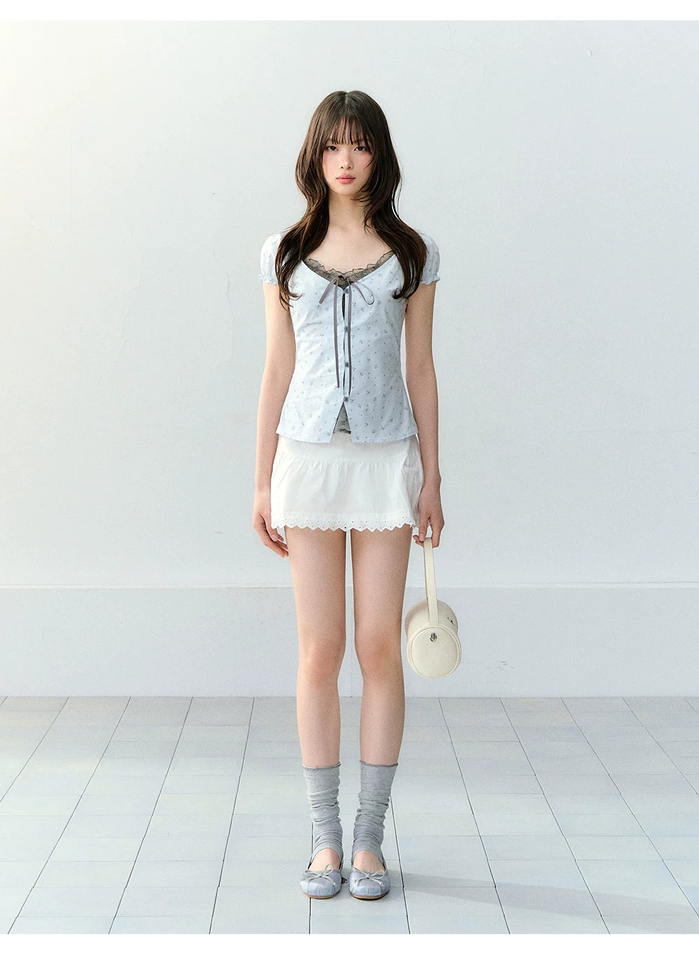 Sweet Elastic Puff Sleeve Lace Short Sleeve Top