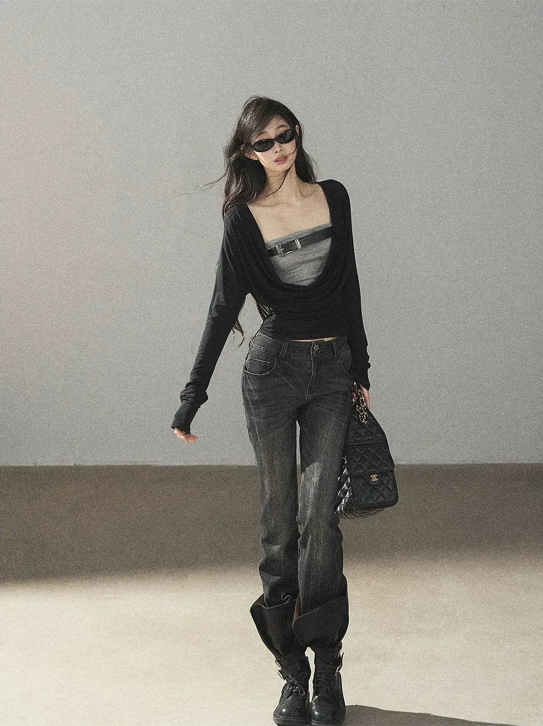 Draped Cowl Double-Layer Top