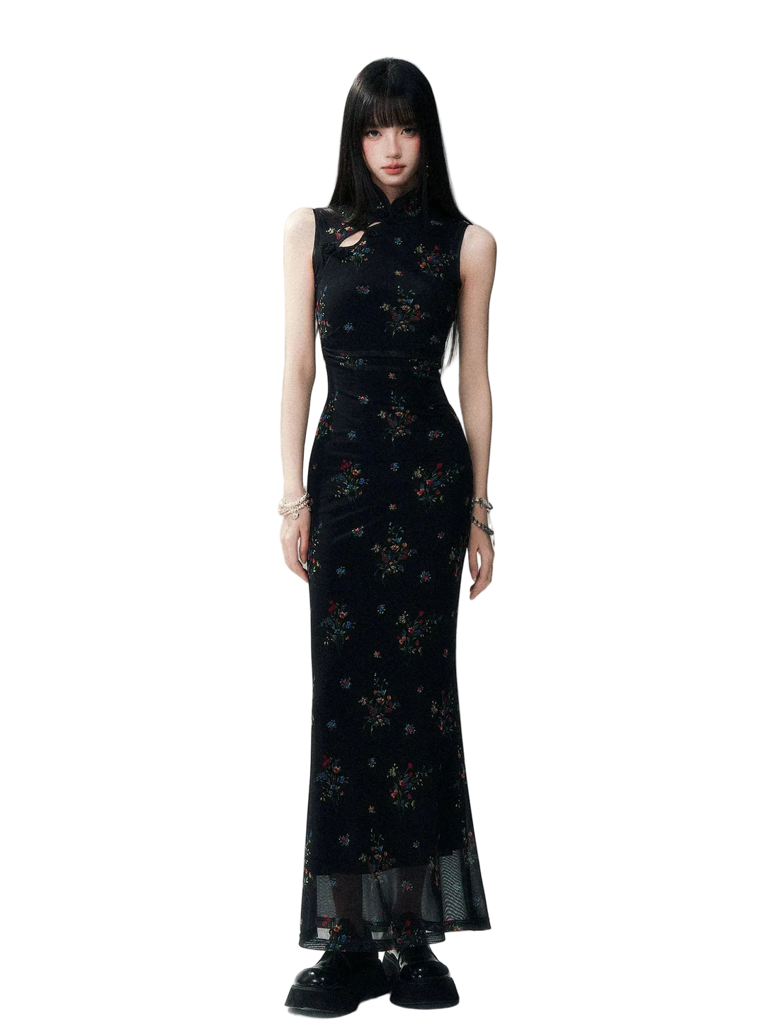 Dark Floral Mesh Qipao Dress