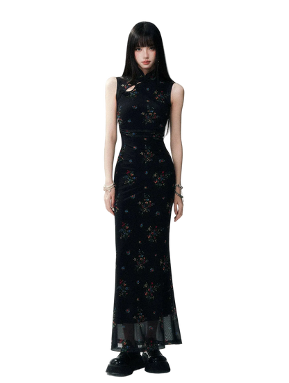 Dark Floral Mesh Qipao Dress