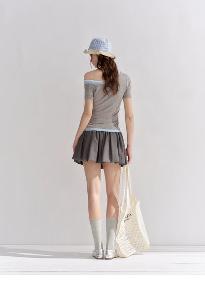 Asymmetric Off-Shoulder Colorblock Slim T-Shirt