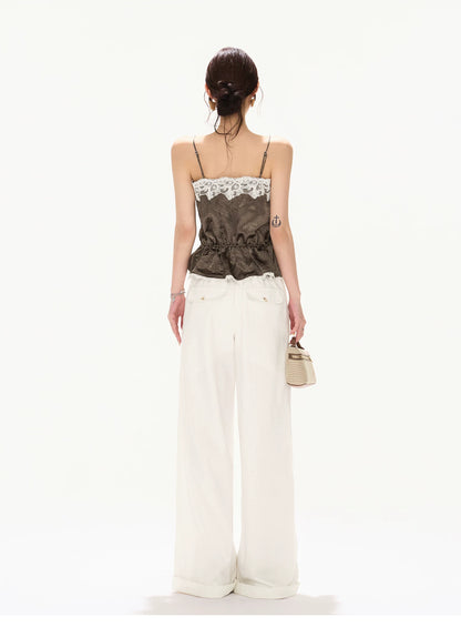 South France Holiday Contrast Lace Trim Ruffle Camisole