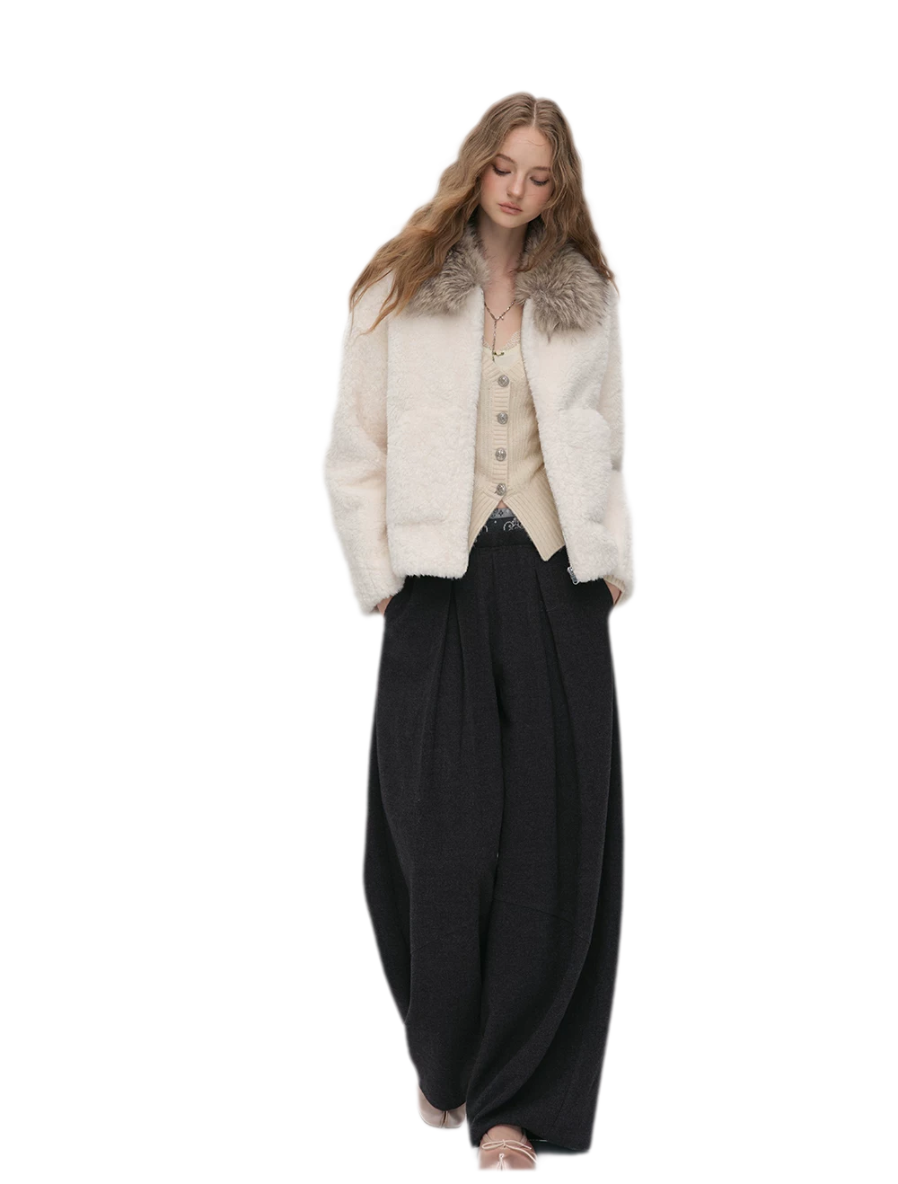 Pleated Contrast Wide-Leg Trousers