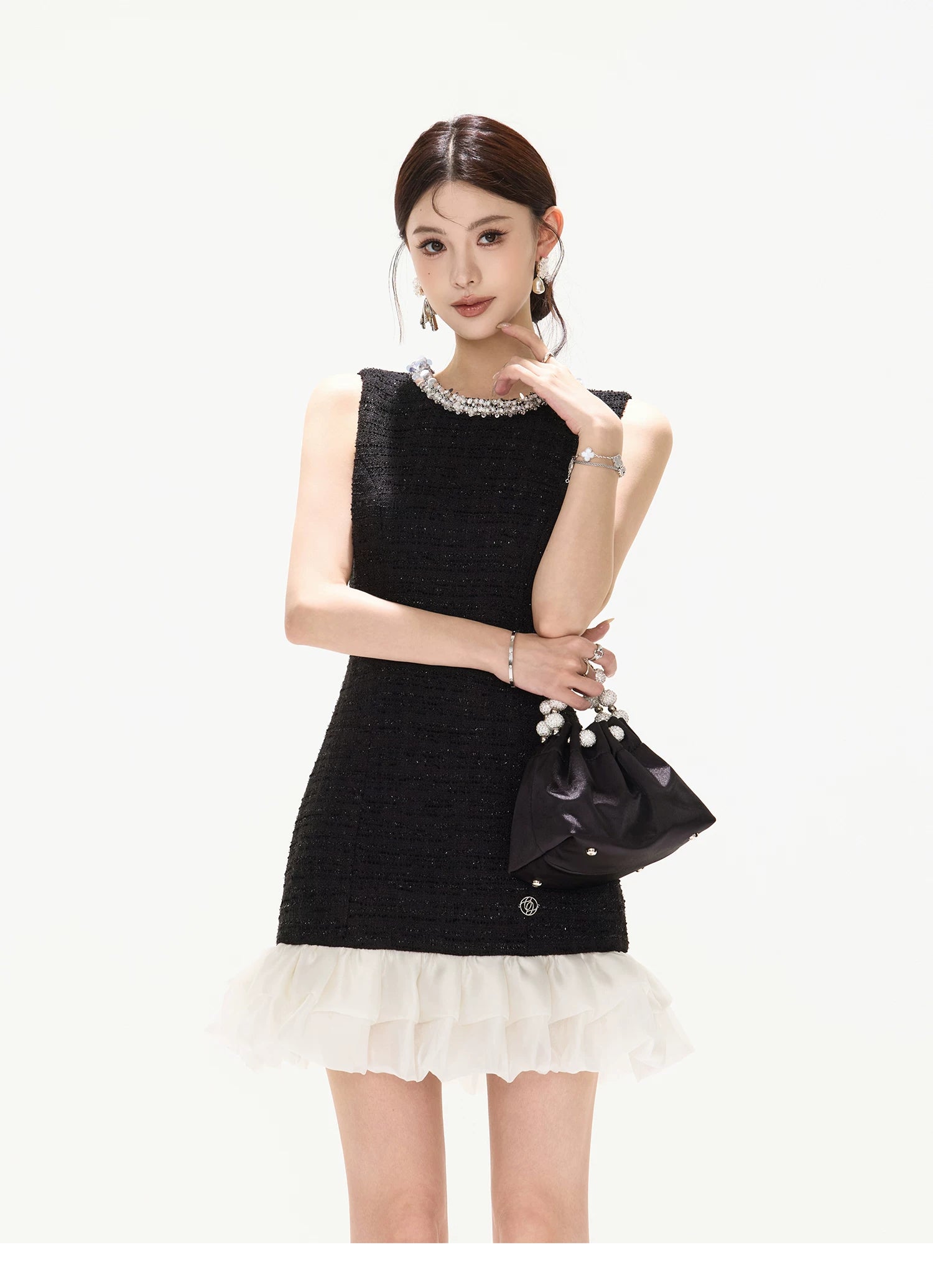 Diamond Neckline Ruffled Sleeveless Waist-Cinching Dress