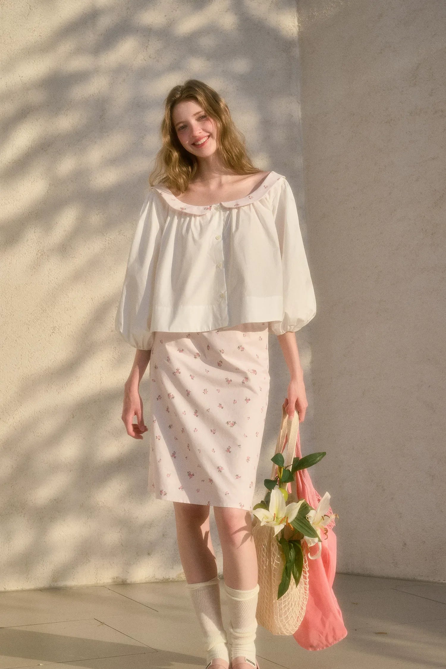Floral Puff-Sleeve Blouse Skirt Set