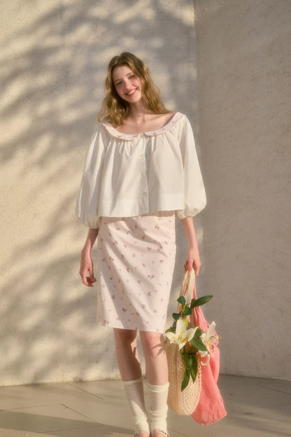 Floral Puff-Sleeve Blouse Skirt Set