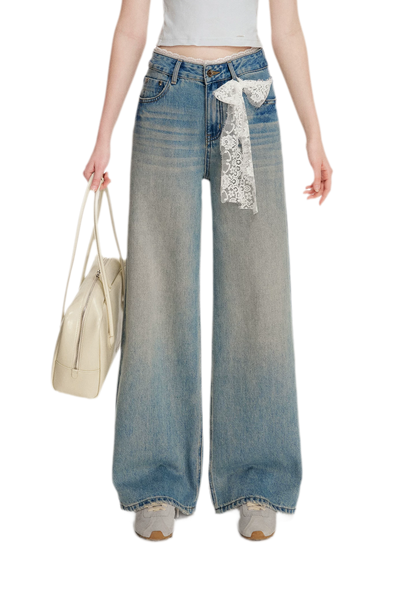 Lace-Trimmed Wide-Leg Denim Pants