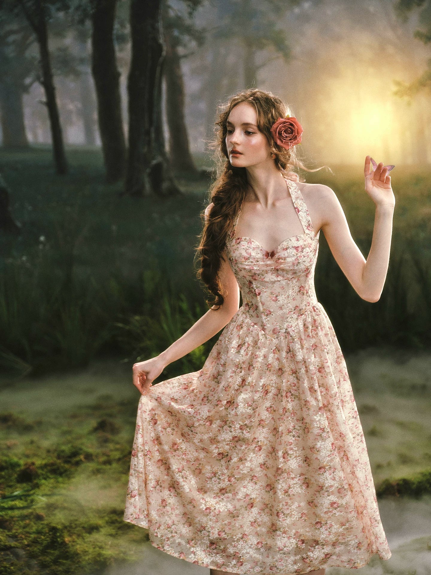 Forest Rose French Retro Floral Halter Long Dress