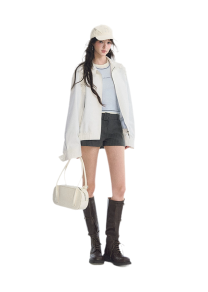 Ruffled Stand Collar Harrington Jacket