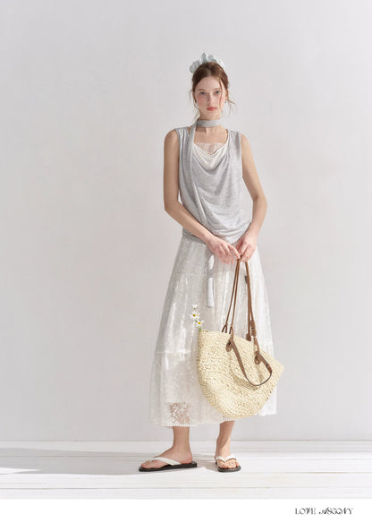 Lace Trim Elastic Waist A-line Long Skirt