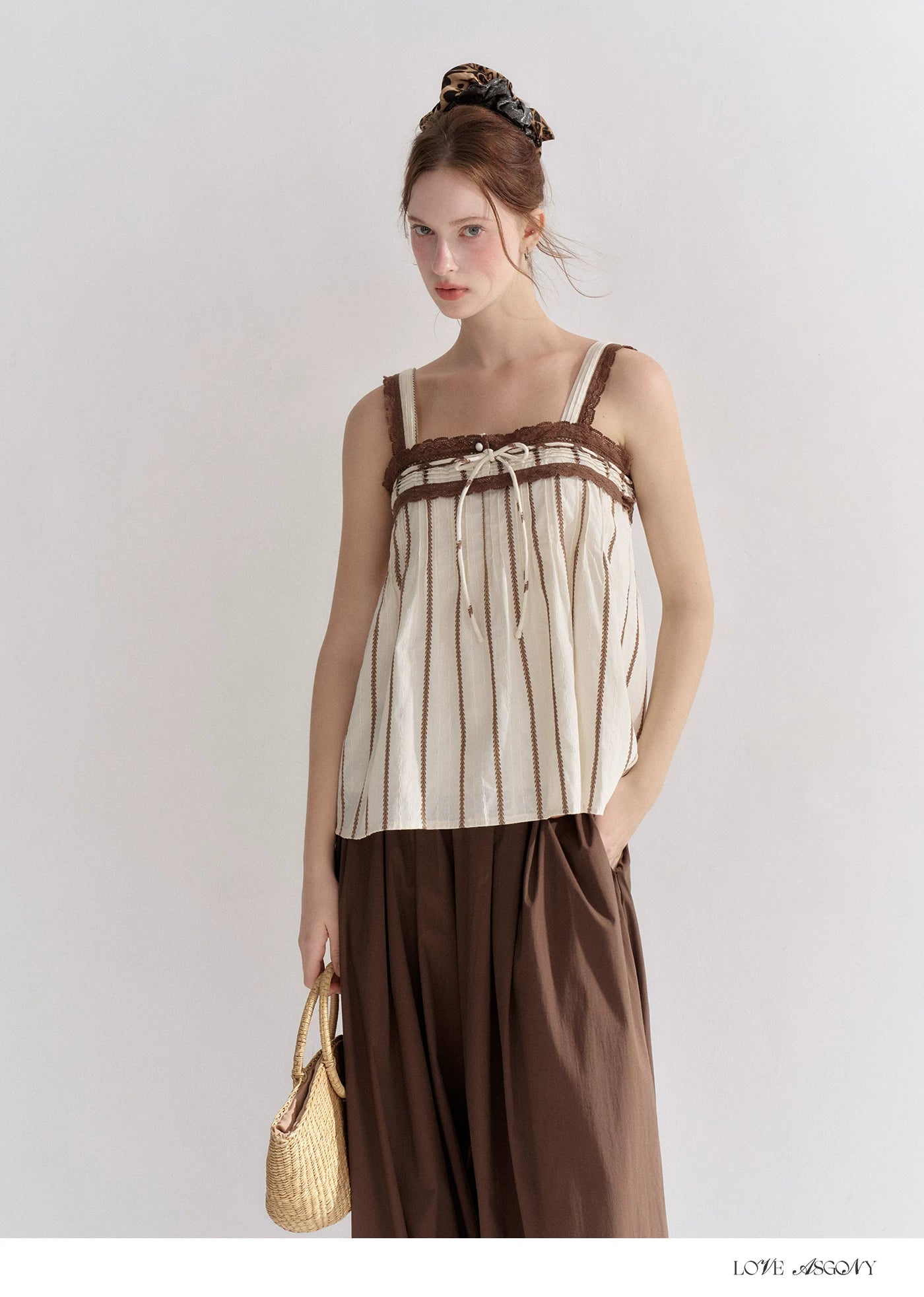 Striped Lace-Trim Tie-Front Camisole