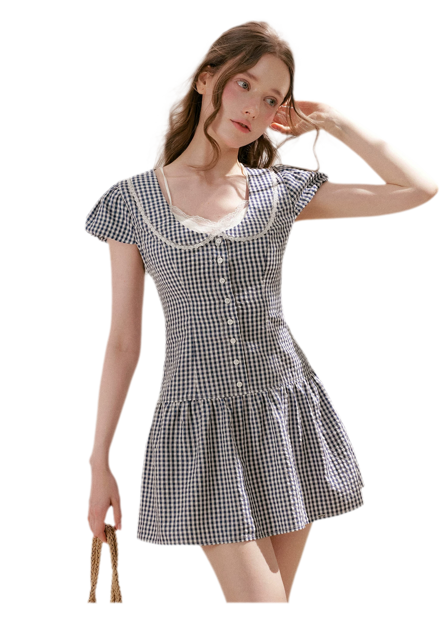 Tencel Cotton Lace Vintage Plaid Short Sleeve Dress