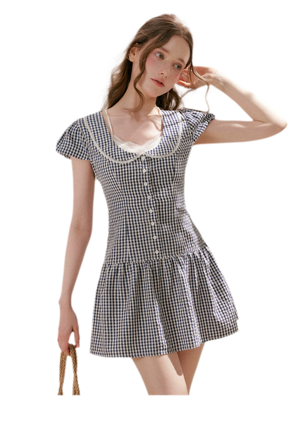 Tencel Cotton Lace Vintage Plaid Short Sleeve Dress