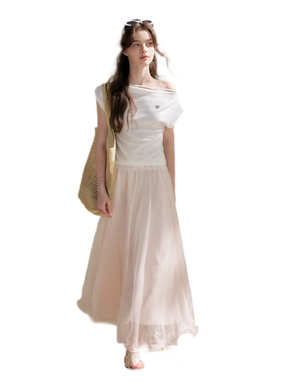 Lace Trim Asymmetric Short Sleeve T-Shirt