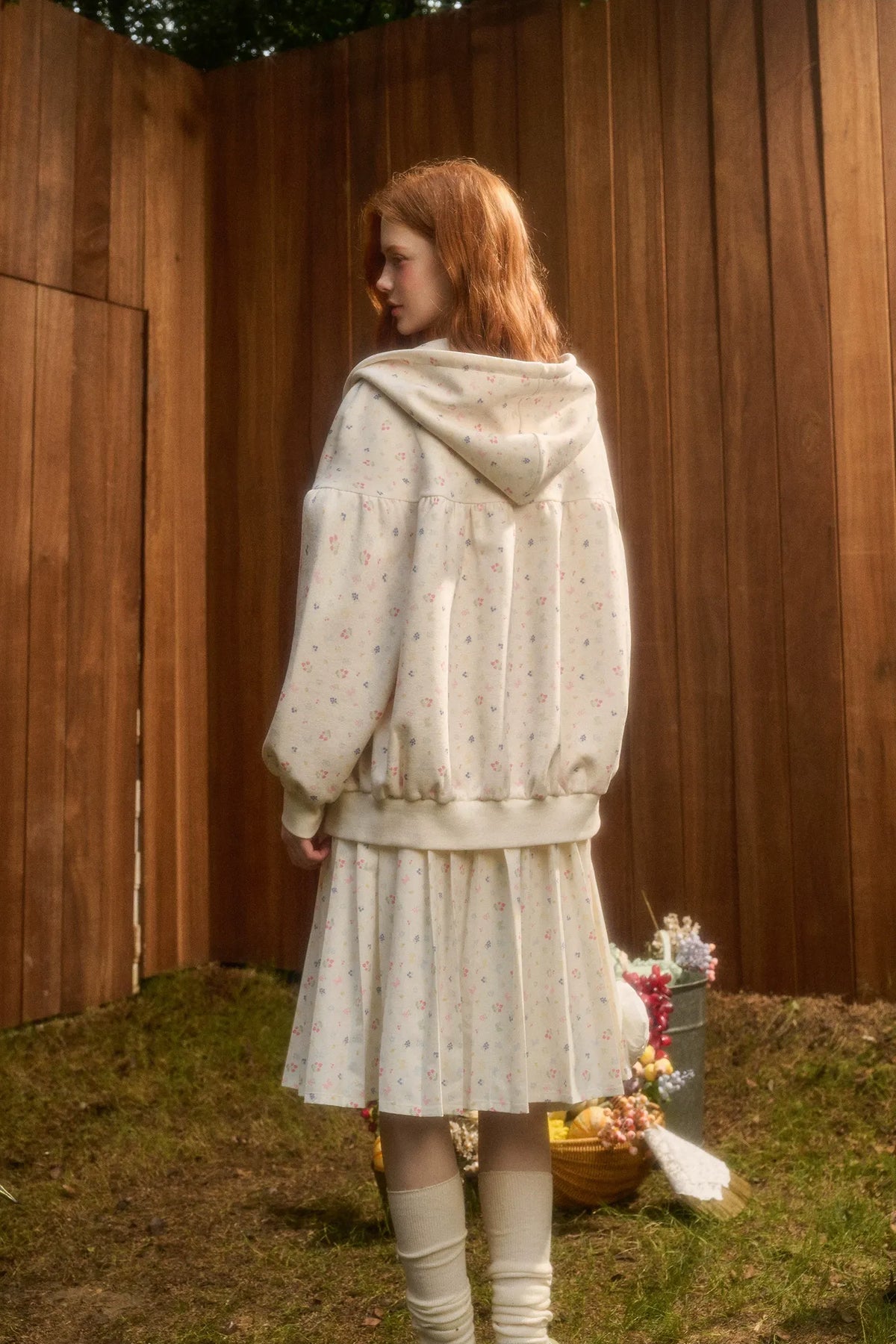 Printed Hooded Sweatshirt Pleated Skirt