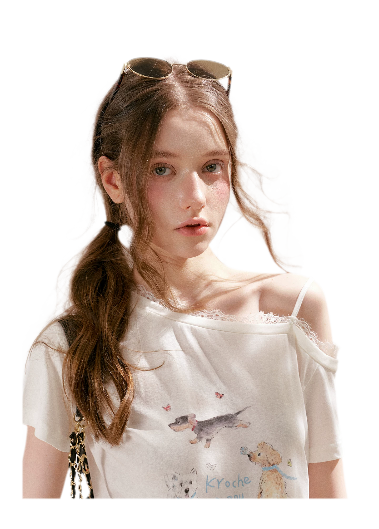 Tencel Cotton French Lace Puppy Print Asymmetric T-Shirt