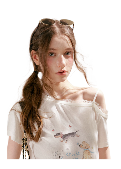 Tencel Cotton French Lace Puppy Print Asymmetric T-Shirt