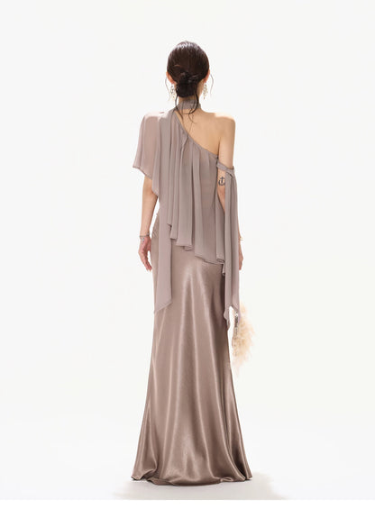 Elegant Asymmetric Chiffon Shawl Top with Built-in Bustier