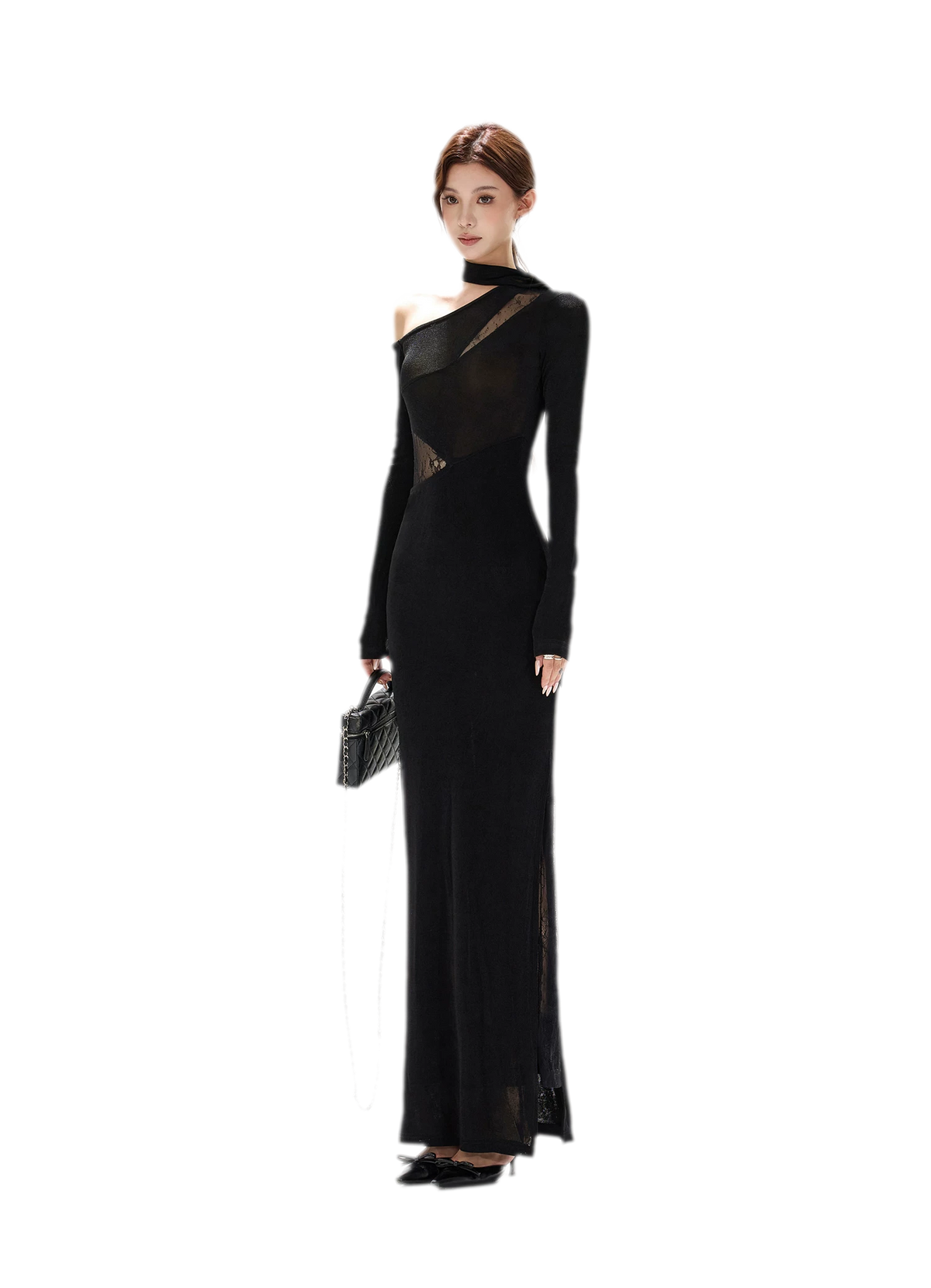 Schimmerndes asymmetrisches Spitzen-Strickkleid