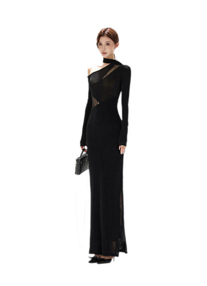 Schimmerndes asymmetrisches Spitzen-Strickkleid