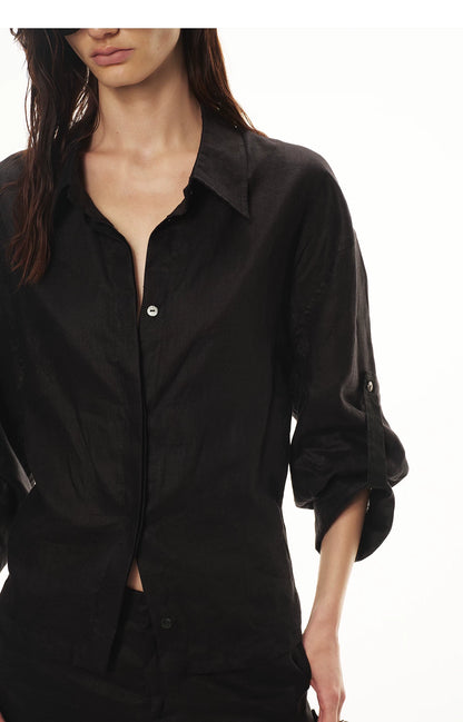 Linen Waist-Defined Shirt &amp; Low-Rise Rolled Shorts Set