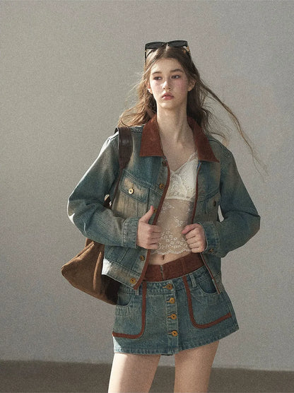 Washed Denim Jacket Skirt Set