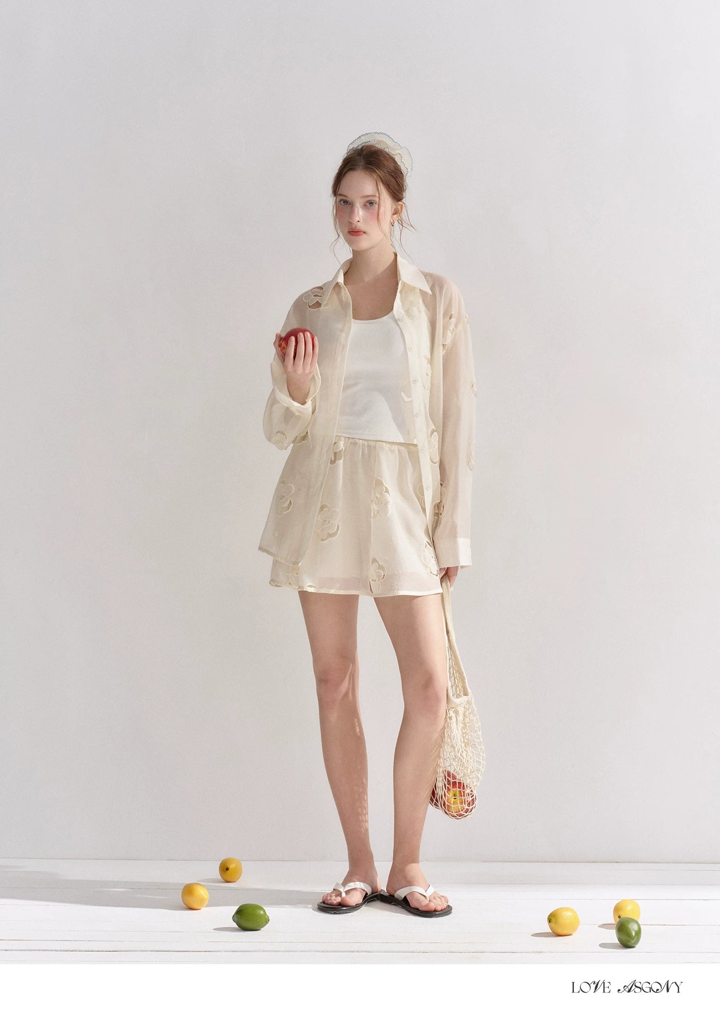 Hollow Floral Embroidered Polo Collar Two-Piece Set