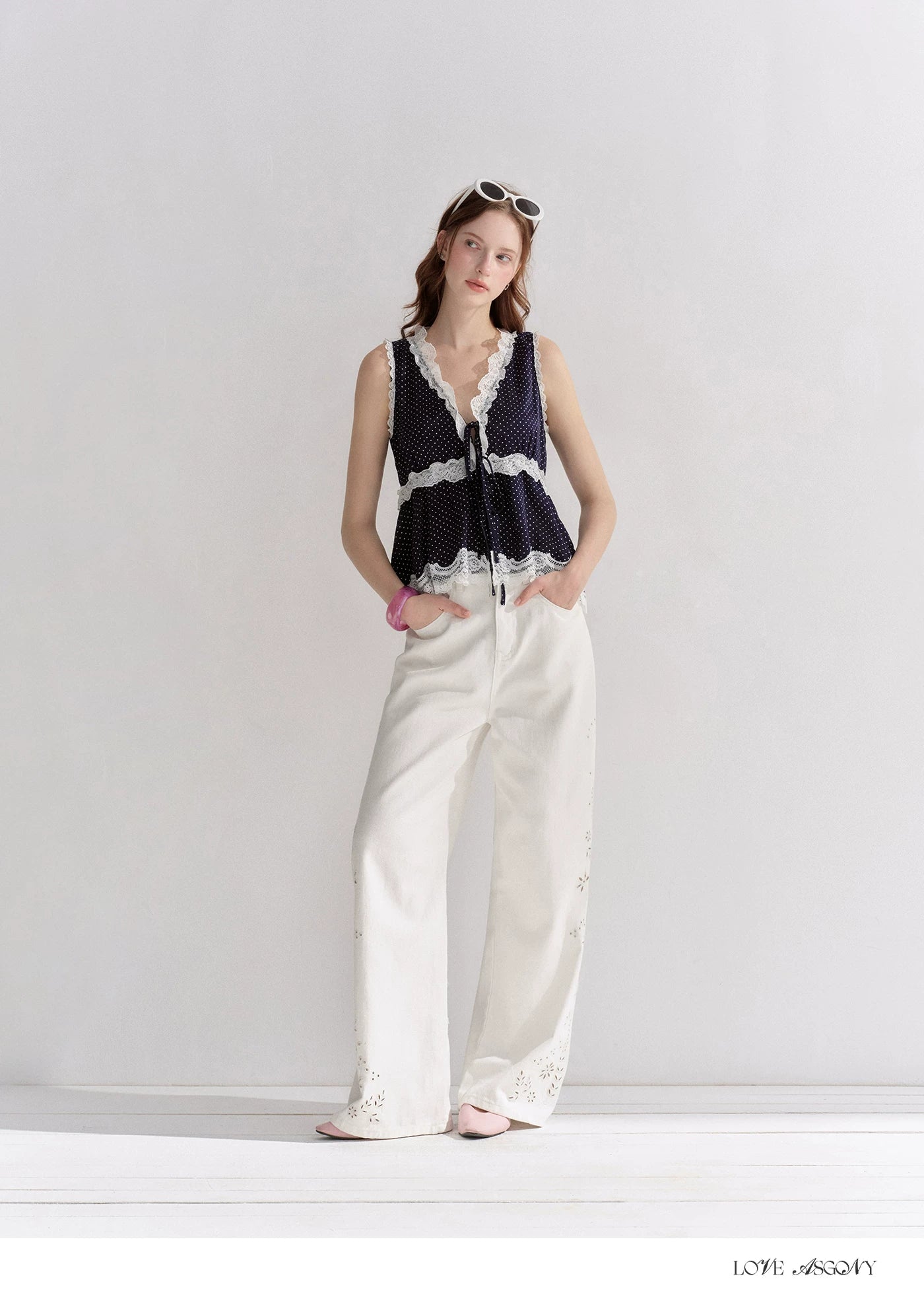 V-Neck Lace Polka Dot Waist-Defined Sleeveless Top