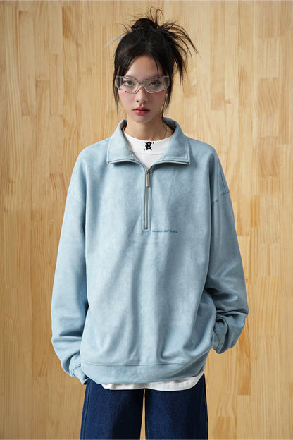 Faux Suede Oversize Polo Sweatshirt