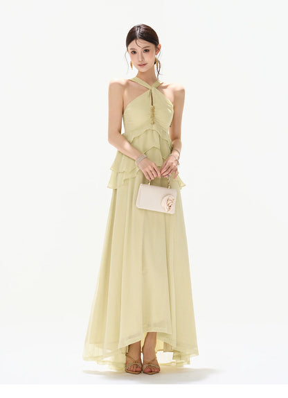 Flowing Sheer Halter Rhinestone Chiffon Long Dress