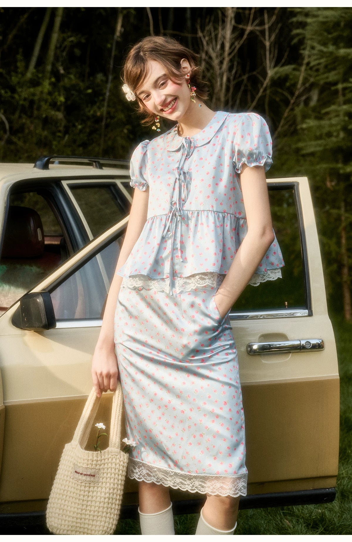 Soft Misty Blue Doll Collar Satin Floral Shirt