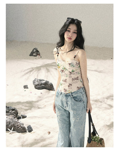 American Style Rhinestone Floral Denim Pants