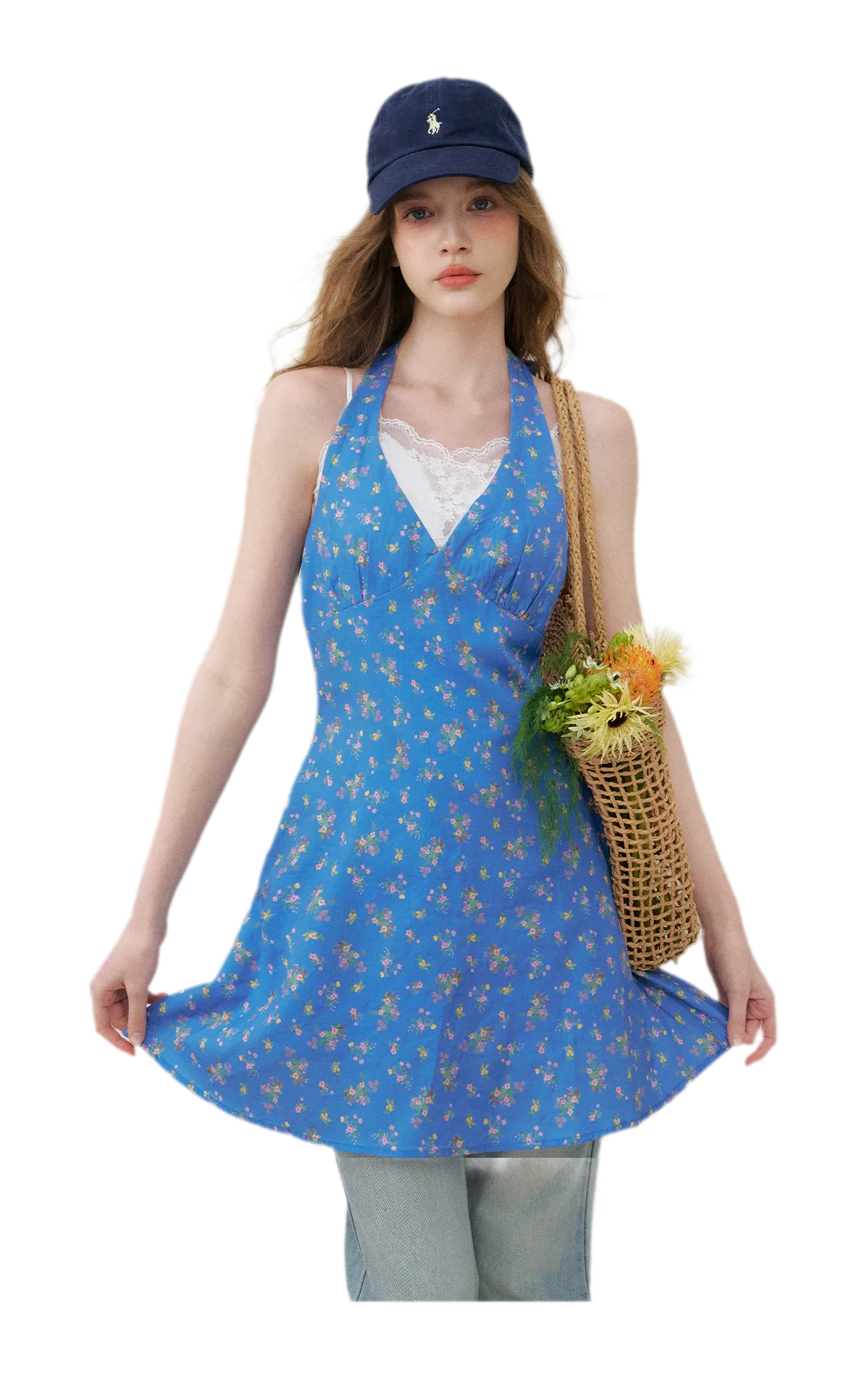 Romantic French Halter V-neck Floral Dress