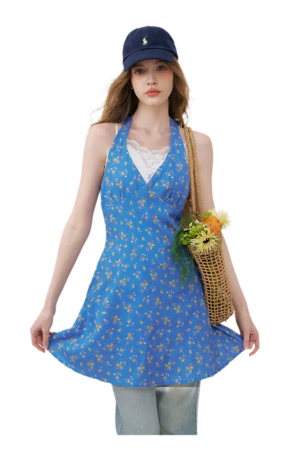 Romantic French Halter V-neck Floral Dress