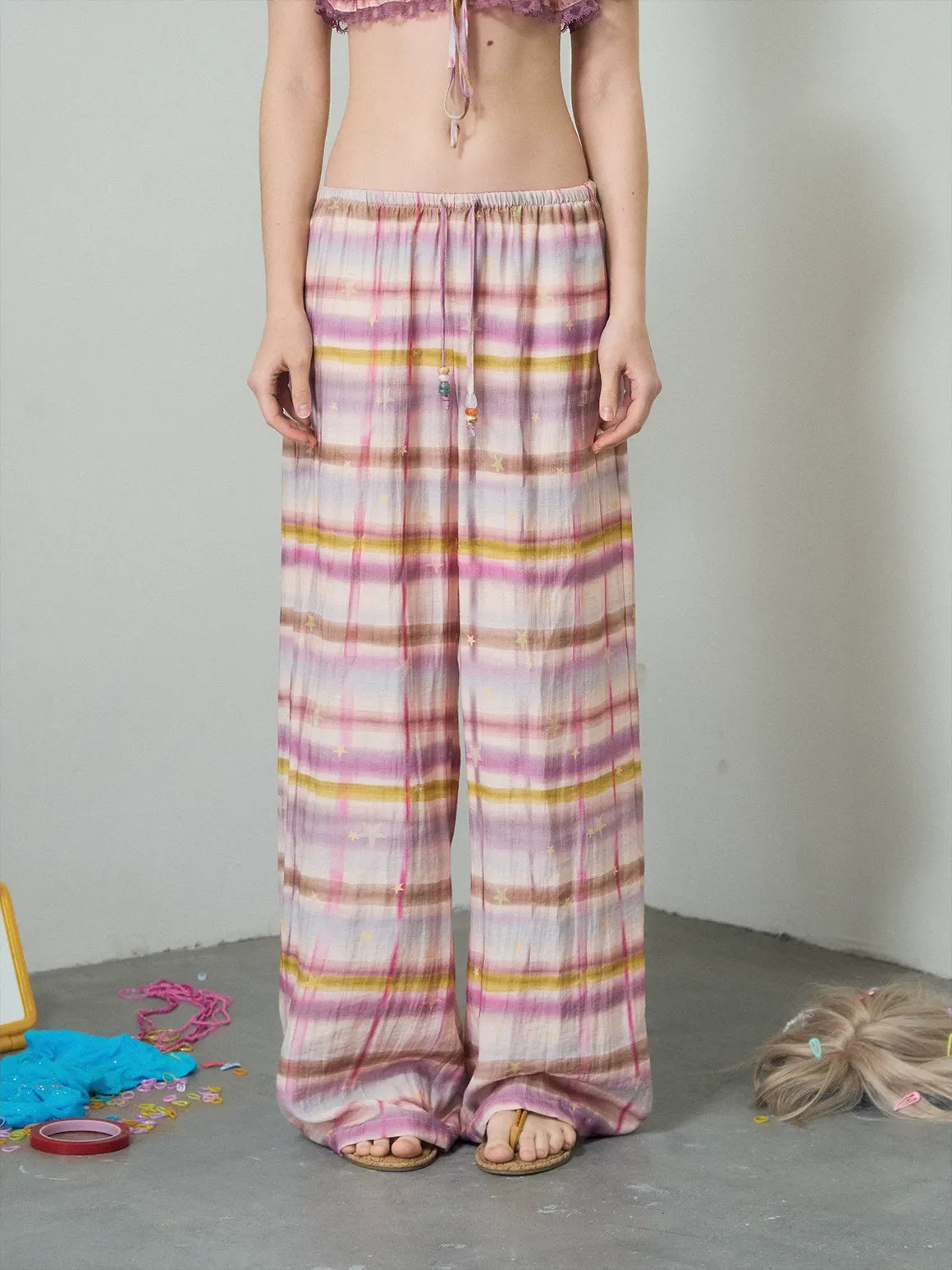 Gradient Plaid Wide-Leg Set