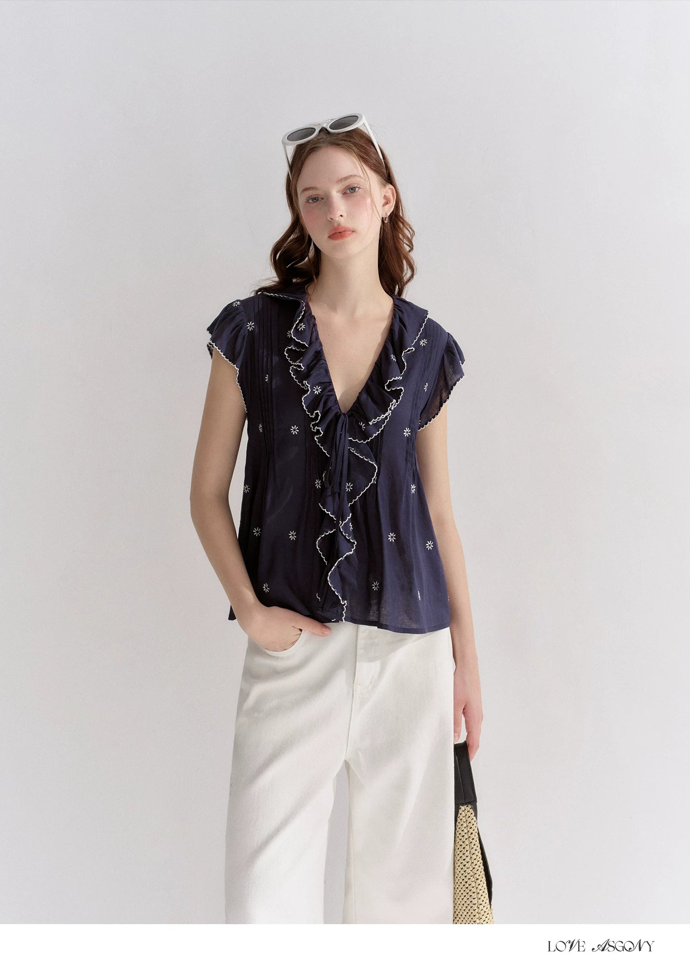 Cotton-Feel Embroidered Ruffle Sleeve Blouse