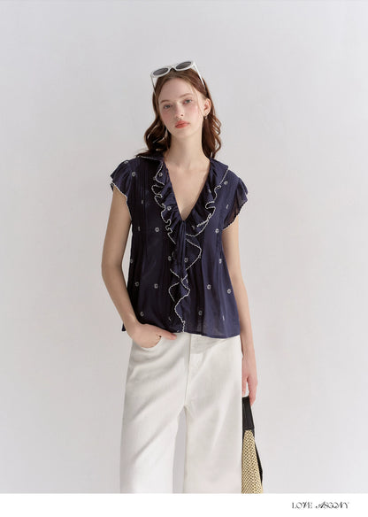Cotton-Feel Embroidered Ruffle Sleeve Blouse