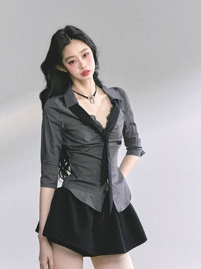 細條紋蕾絲 Polo 衫
