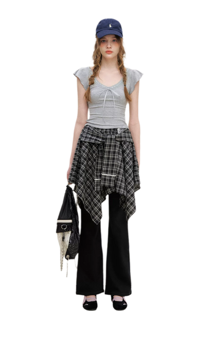 Asymmetric Lace Patchwork Plaid Skirt/Top