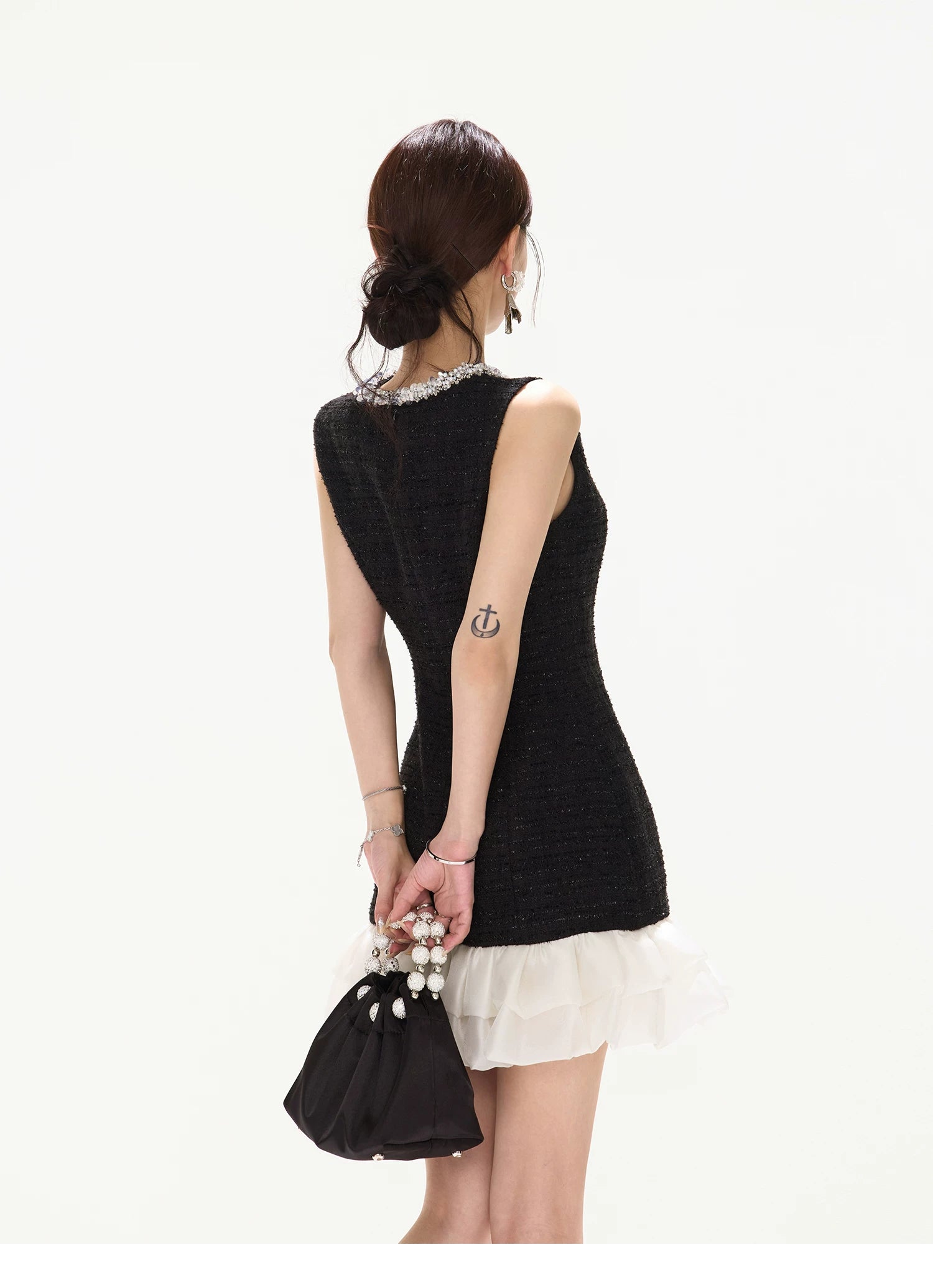 Diamond Neckline Ruffled Sleeveless Waist-Cinching Dress