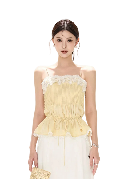 South France Holiday Lace Trim Waist-Cinched Camisole