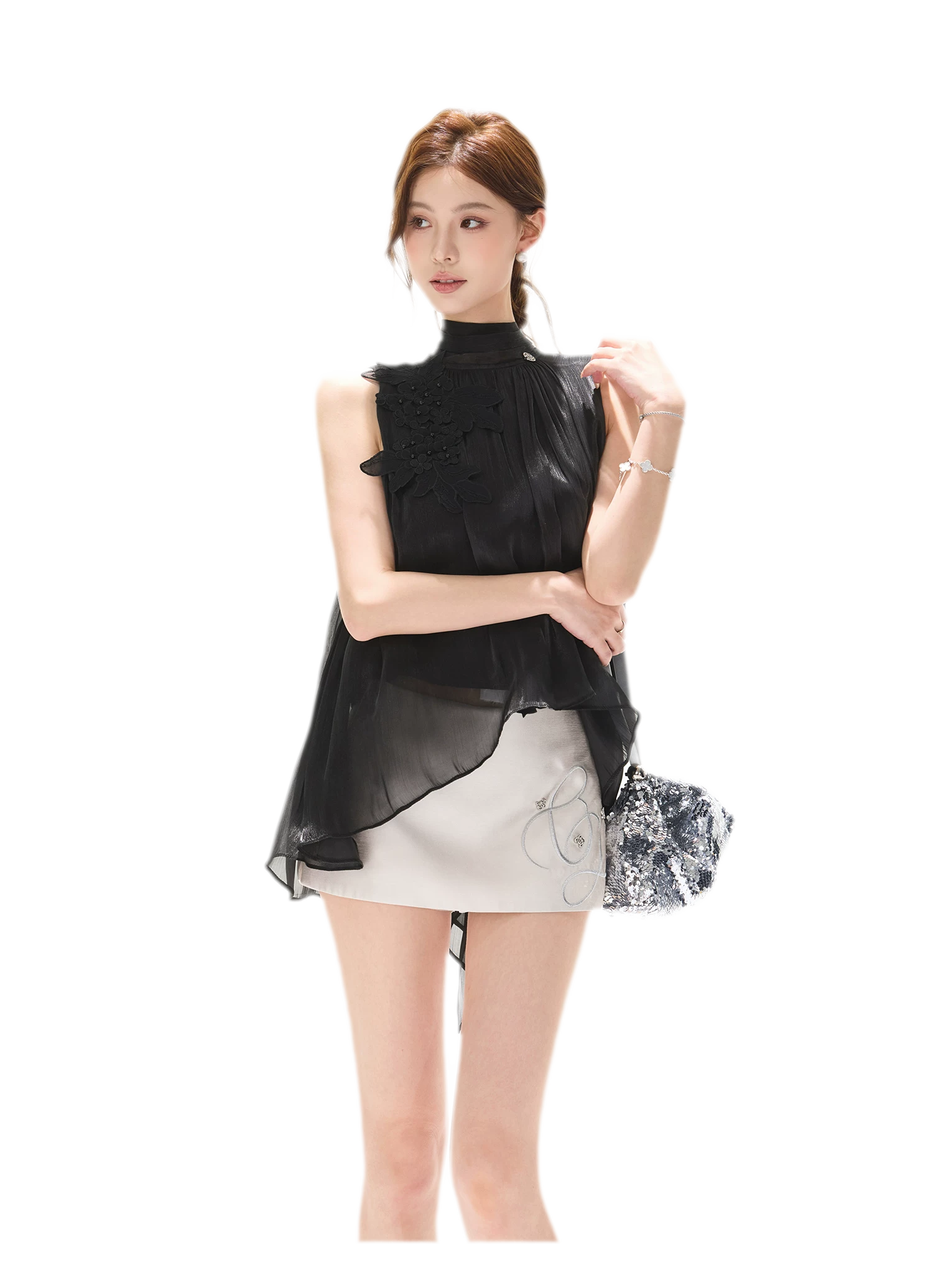 Embellished Satin Mini Skort