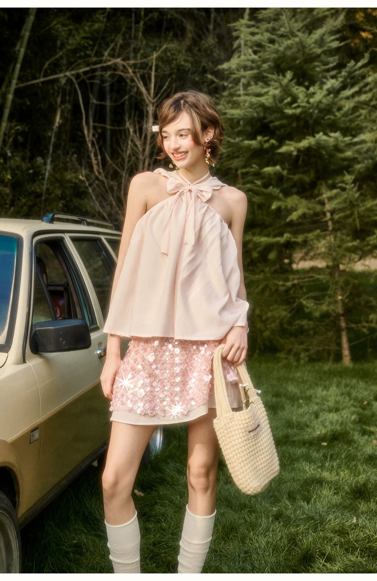 Babypink Satin Ribbon Top &amp; Sequin Skirt Set