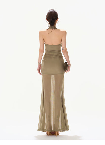Deep V Neck Halter Lace Mesh Long Dress